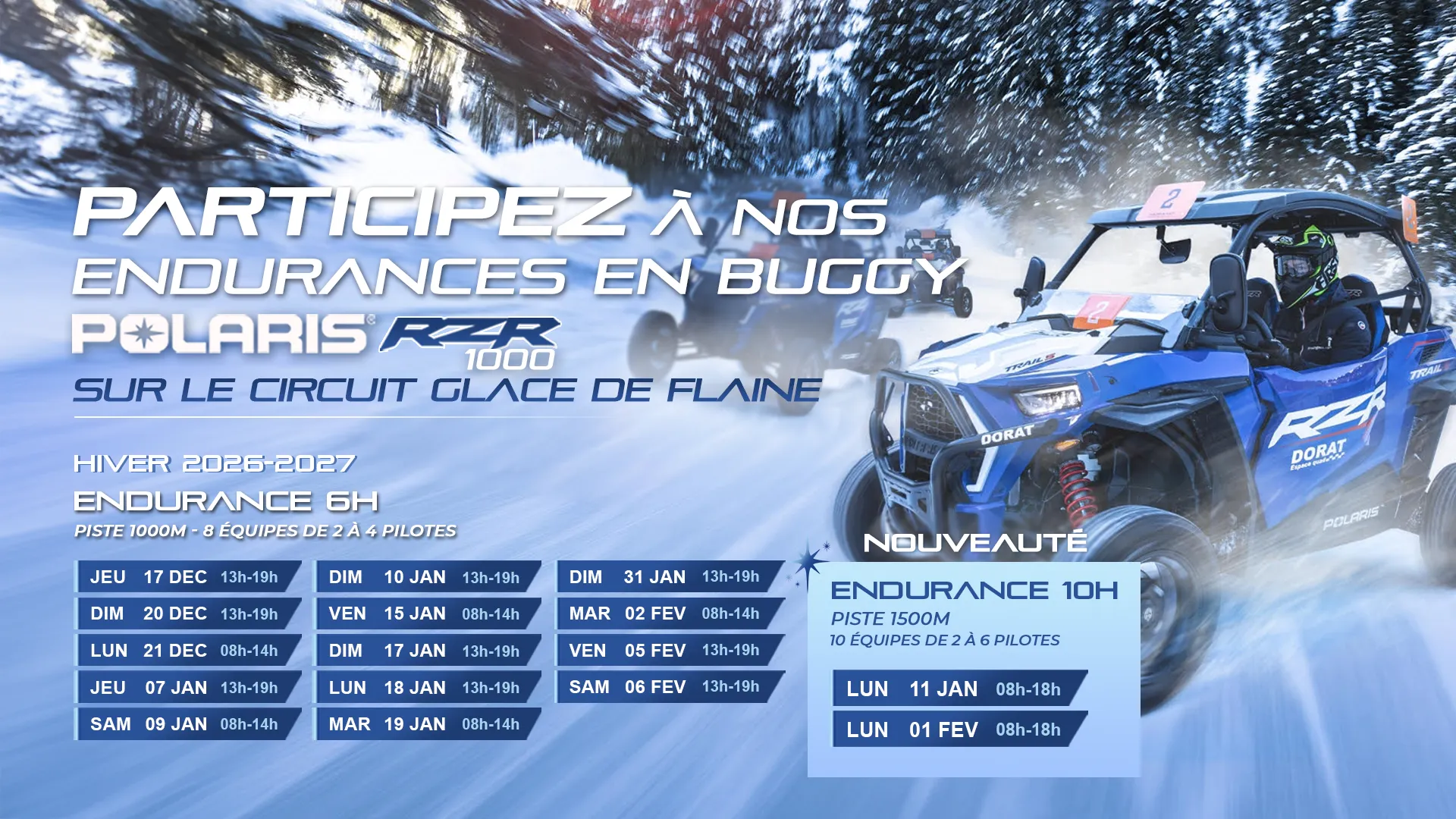 Calendrier ice race training experience en buggy polaris sur le circuit glace de Flaine endurance 6h et 10h