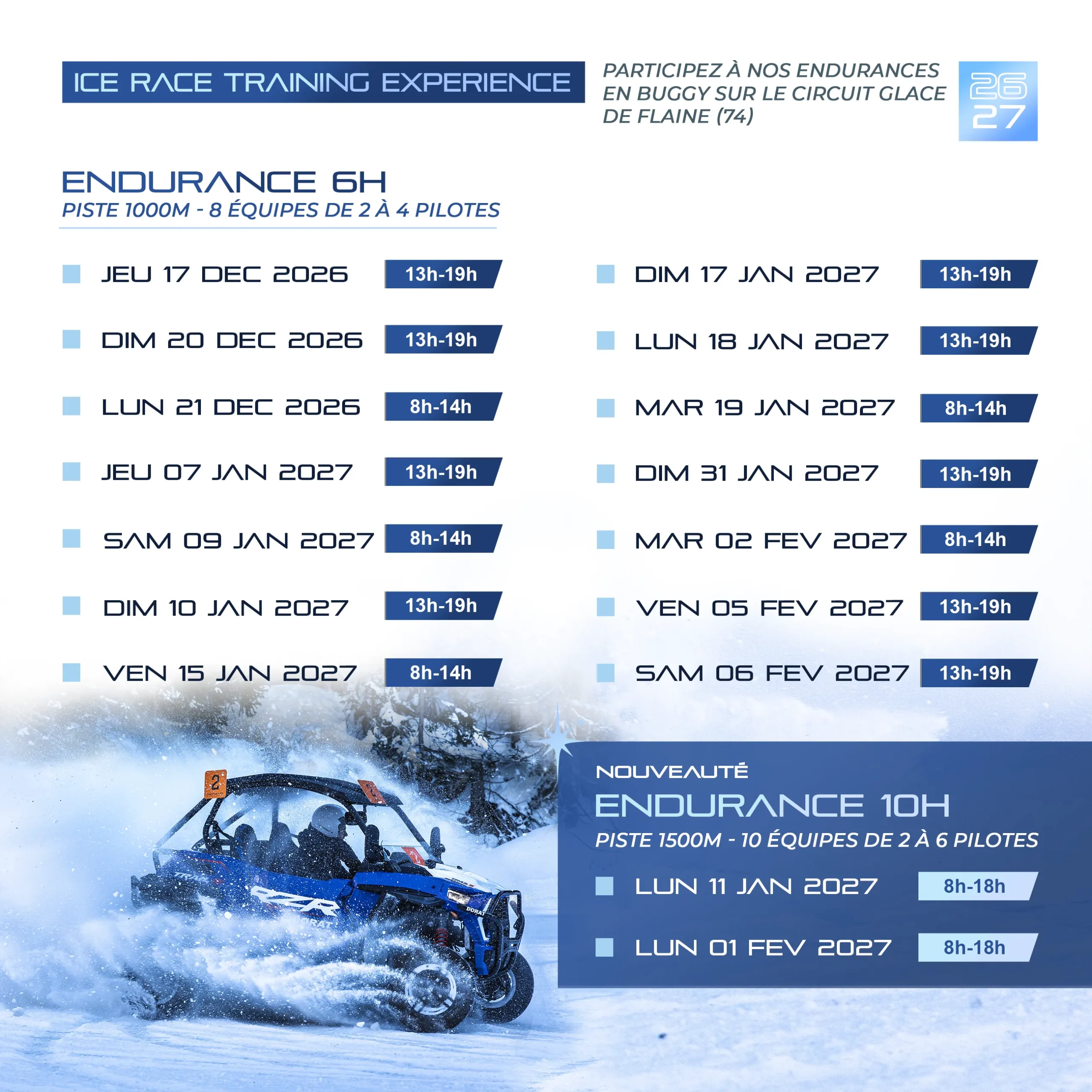 Calendrier ice race training experience en buggy polaris sur le circuit glace de Flaine endurance 6h et 10h