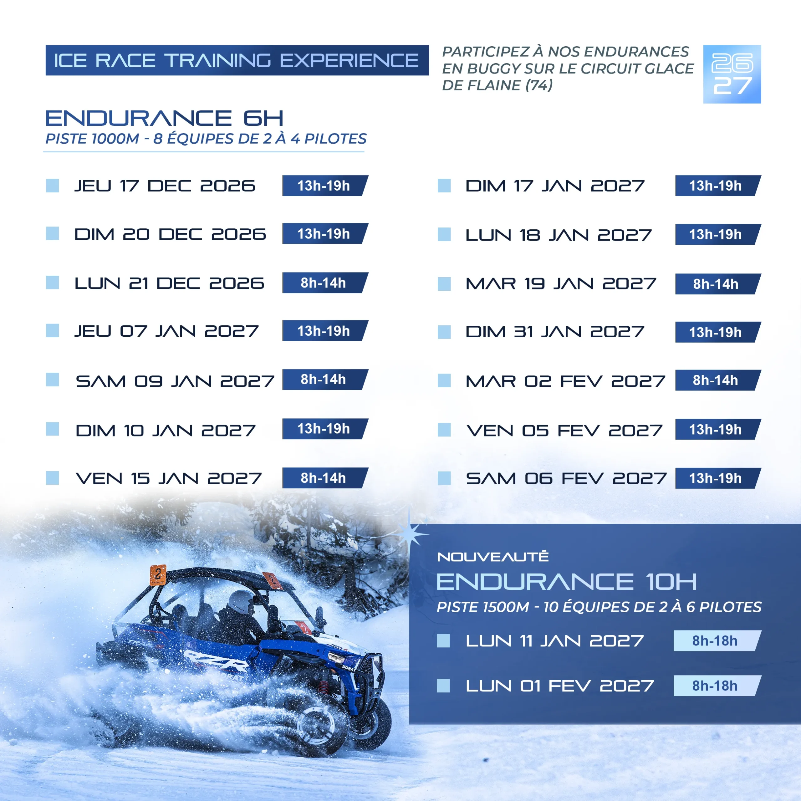 Calendrier ice race training experience en buggy polaris sur le circuit glace de Flaine