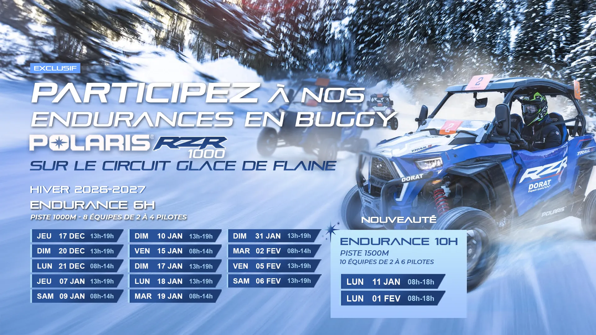 Calendrier ice race training experience en buggy polaris sur le circuit glace de Flaine